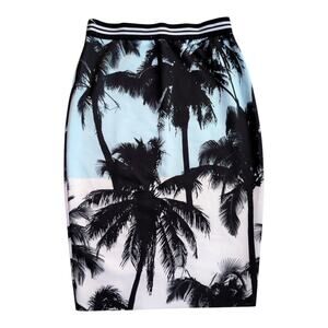 Zara Trafaluc Black and White Palm Print Elastic Waist Midi Skirt Size M